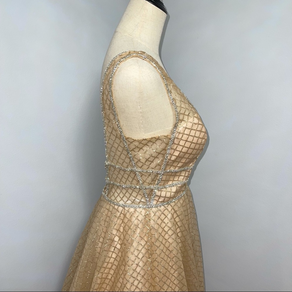 # Mac Duggal Gold Sequin Illusion Neck A Line Gown - Picture 4 of 17